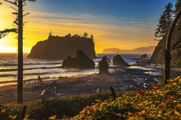Stunning sunset at Ruby Beach, one of the most iconic Olympic National Park Beaches