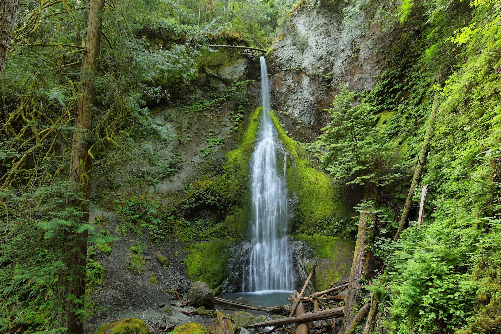 Marymere Falls near lake crescent is one of the best Olympic Peninsula hikes with waterfalls